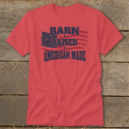Red t-shirt with "Barn Raised American Made" text and an American flag graphic.