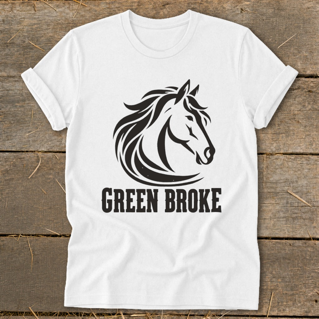 A white short-sleeved t-shirt features a black graphic of a horse's head and the text GREEN BROKE.