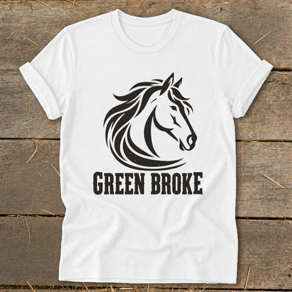 A white short-sleeved t-shirt features a black graphic of a horse's head and the text GREEN BROKE.