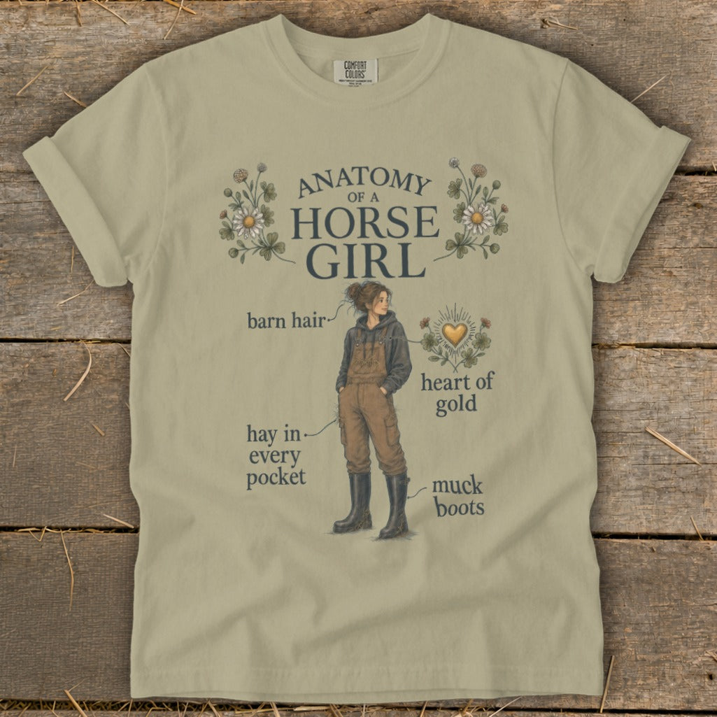 T-shirt graphic with "Anatomy of a Horse Girl" text and illustrations.