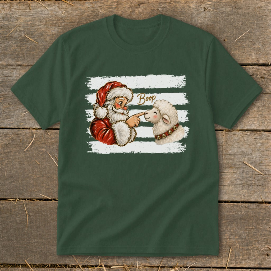 Santa booping a sheep with "Boop" text and striped background.