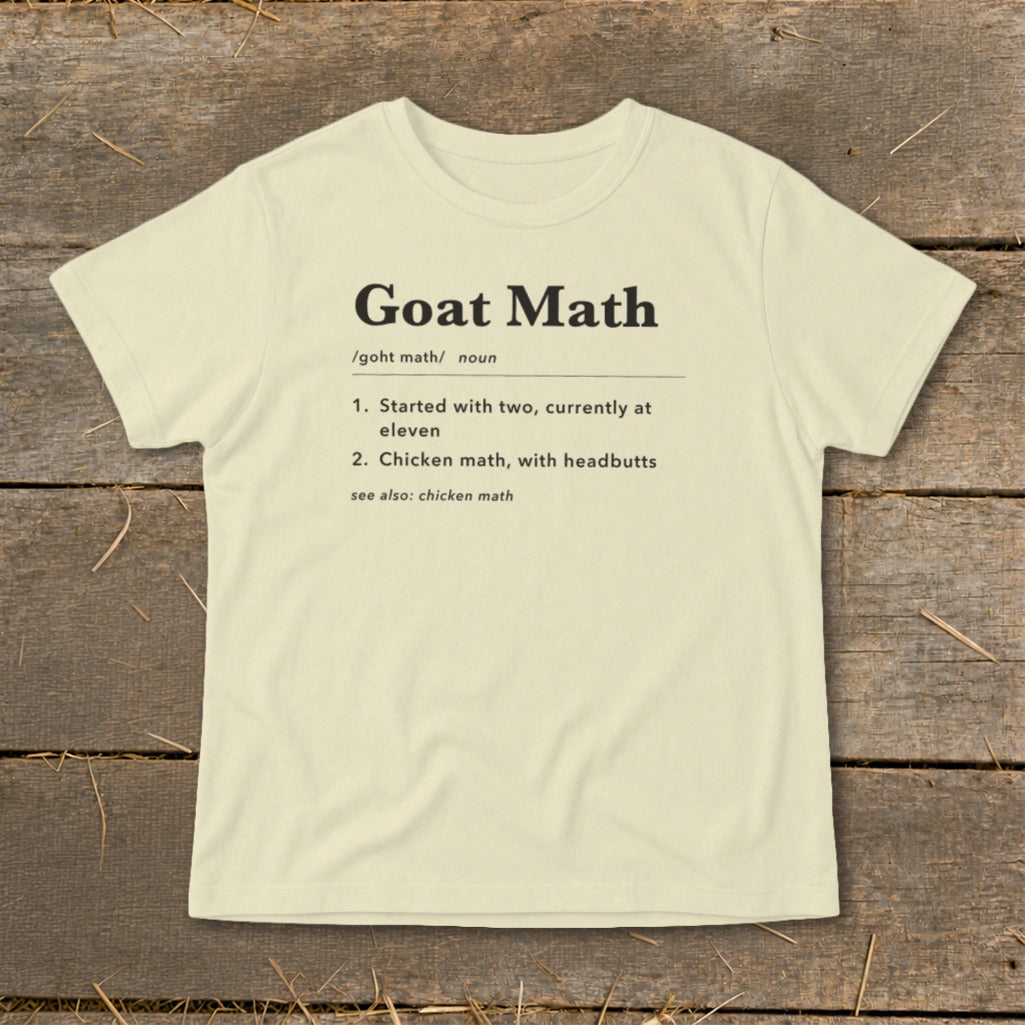 Cream t-shirt with "Goat Math" definition.