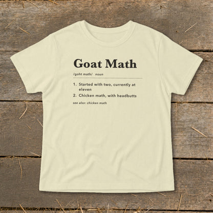 Cream t-shirt with "Goat Math" definition.