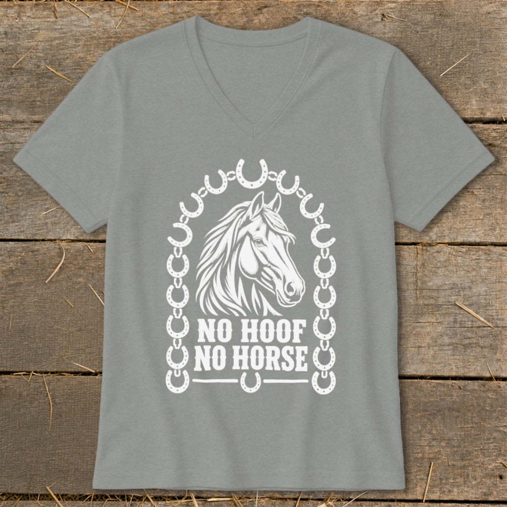 Grey v-neck t-shirt with horse head graphic and "NO HOOF NO HORSE" text.