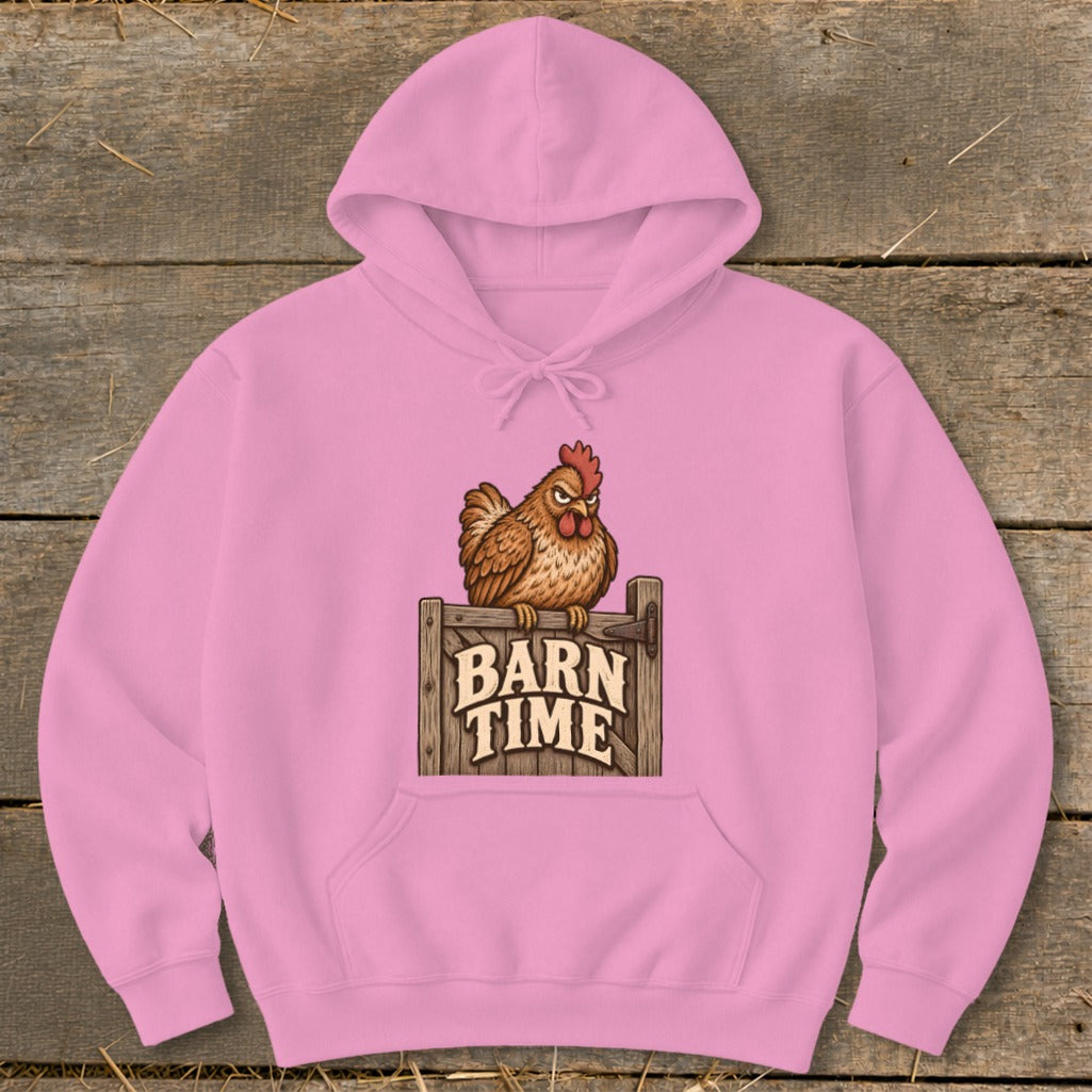 Pink hoodie with cartoon chicken on Barn Time sign graphic.