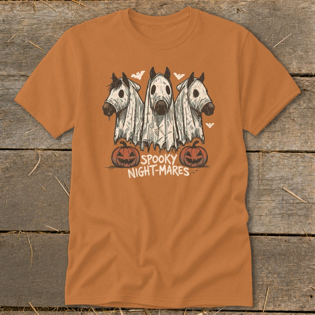 Orange t-shirt with three horses in ghost costumes and "Spooky Night-Mares" text.