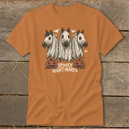 Orange t-shirt with three horses in ghost costumes and "Spooky Night-Mares" text.