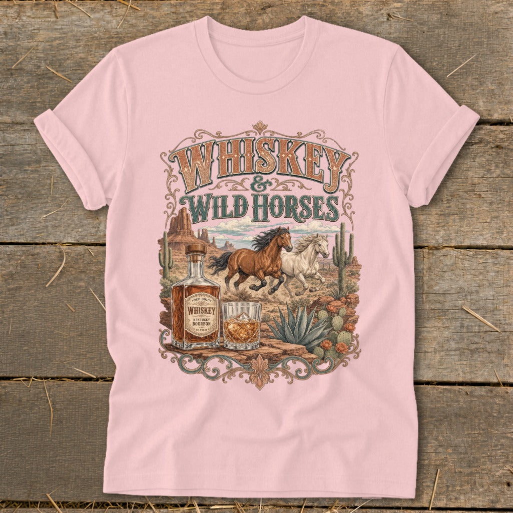 Whiskey & Wild Horses design with horses, desert landscape, whiskey bottle, and glass.