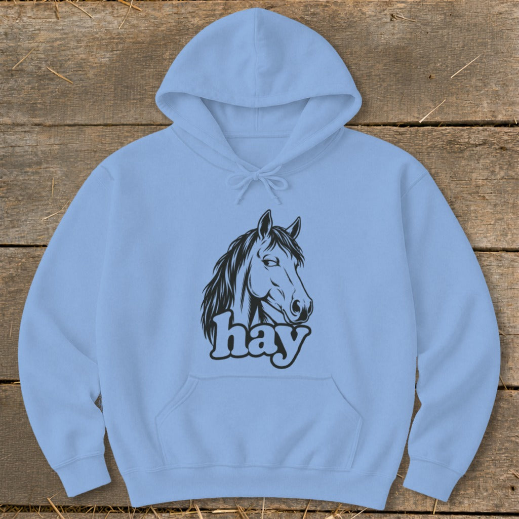 Light blue hoodie with black horse head graphic and "hay" text.