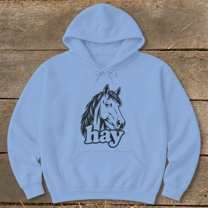 Light blue hoodie with black horse head graphic and "hay" text.