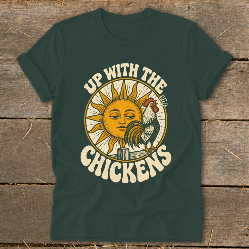 Dark green t-shirt featuring a retro graphic of a crowing rooster and sun with text.