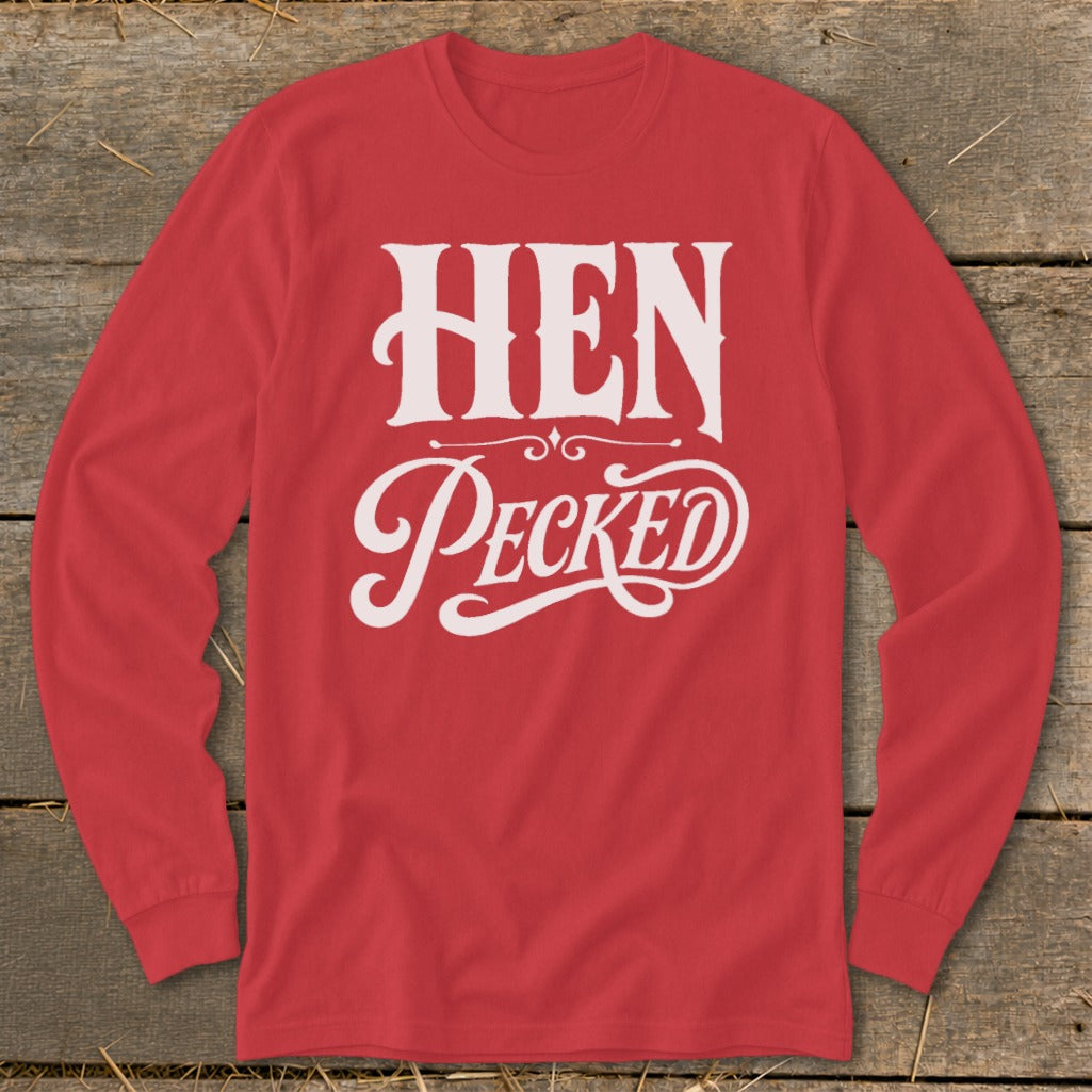 Red long-sleeve shirt with white "HEN PeckED" text across the chest.