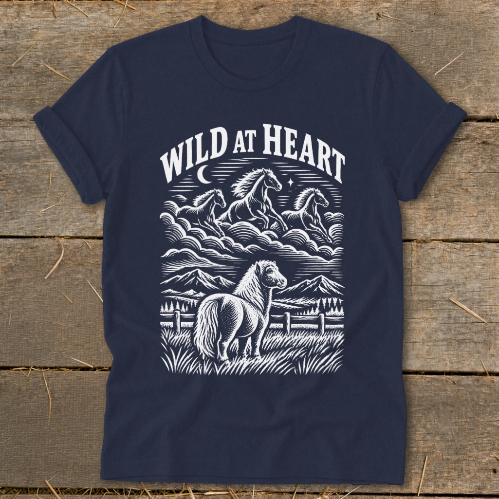 Navy t-shirt with "Wild at Heart" text and illustration of horses.