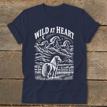 Navy t-shirt with "Wild at Heart" text and illustration of horses.