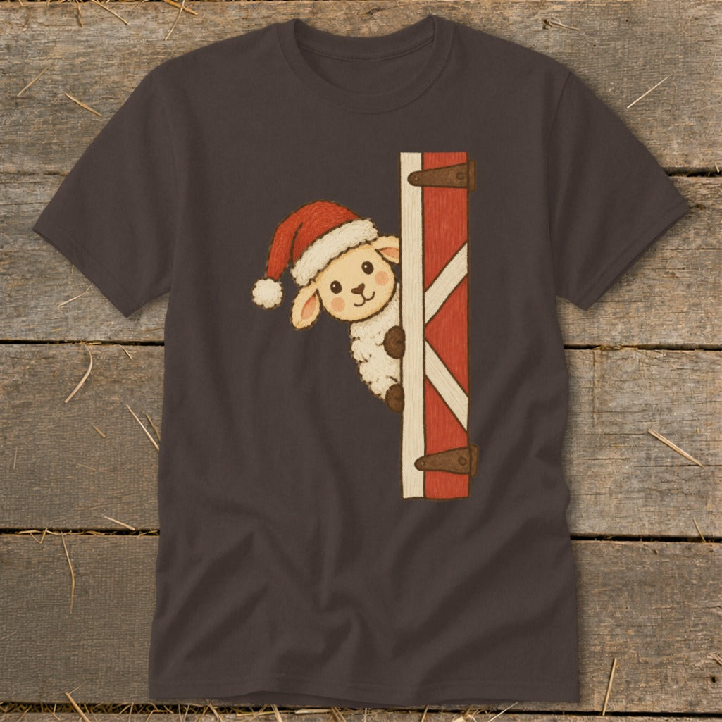 Cute sheep wearing Santa hat peeking from behind a red barn door.