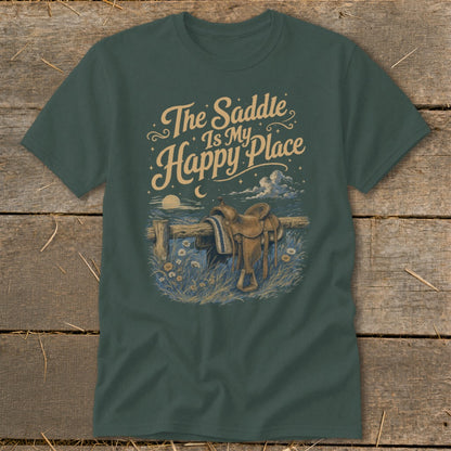 Dark green t-shirt with text "The Saddle Is My Happy Place" and a saddle on a fence.