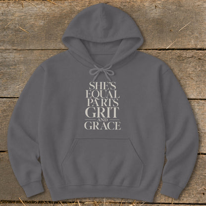 Gray hoodie with text "She's Equal Parts Grit and Grace."