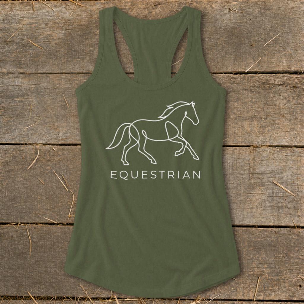 Olive green tank top with white line art horse and "EQUESTRIAN" text.