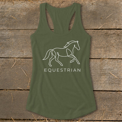 Olive green tank top with white line art horse and "EQUESTRIAN" text.