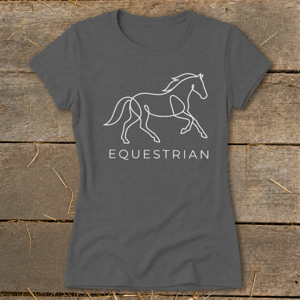 Grey t-shirt with white line art horse and the word EQUESTRIAN.