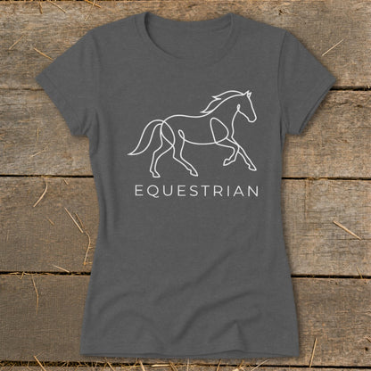 Grey t-shirt with white line art horse and the word EQUESTRIAN.