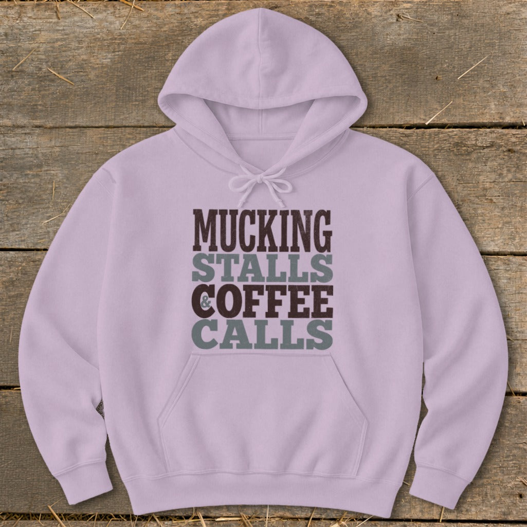 Purple hoodie with text "Mucking Stalls Coffee Calls".