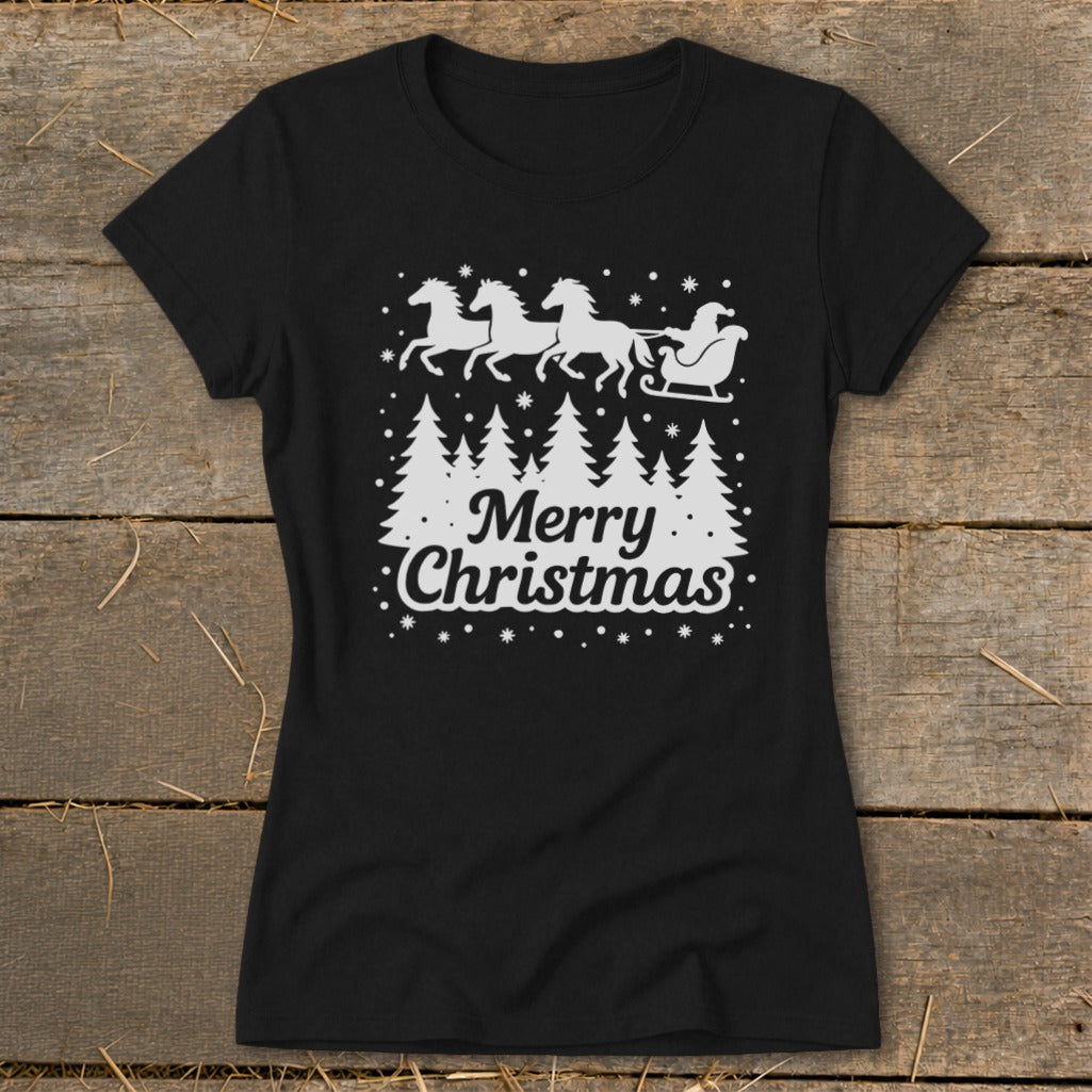 Black t-shirt with a white Christmas design featuring horses, sleigh, Santa, and trees.