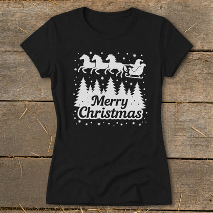 Black t-shirt with a white Christmas design featuring horses, sleigh, Santa, and trees.