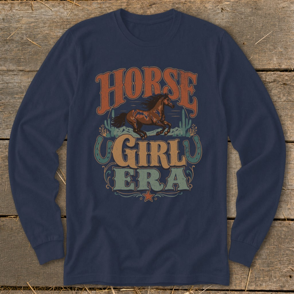 Horse Girl Era text with running horse, cacti, and horseshoes graphic on navy long-sleeve shirt.