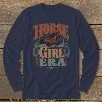 Horse Girl Era text with running horse, cacti, and horseshoes graphic on navy long-sleeve shirt.