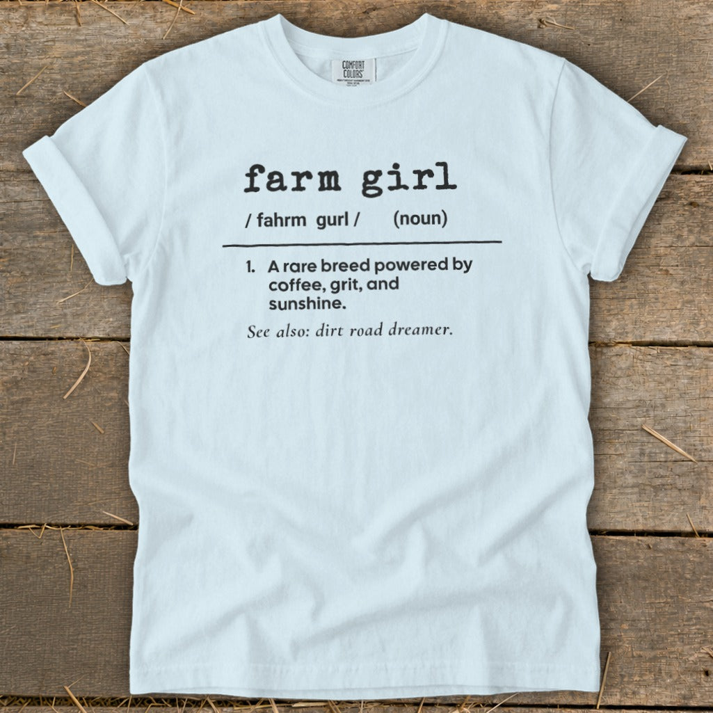 White t-shirt with "farm girl" definition: coffee, grit, and sunshine.
