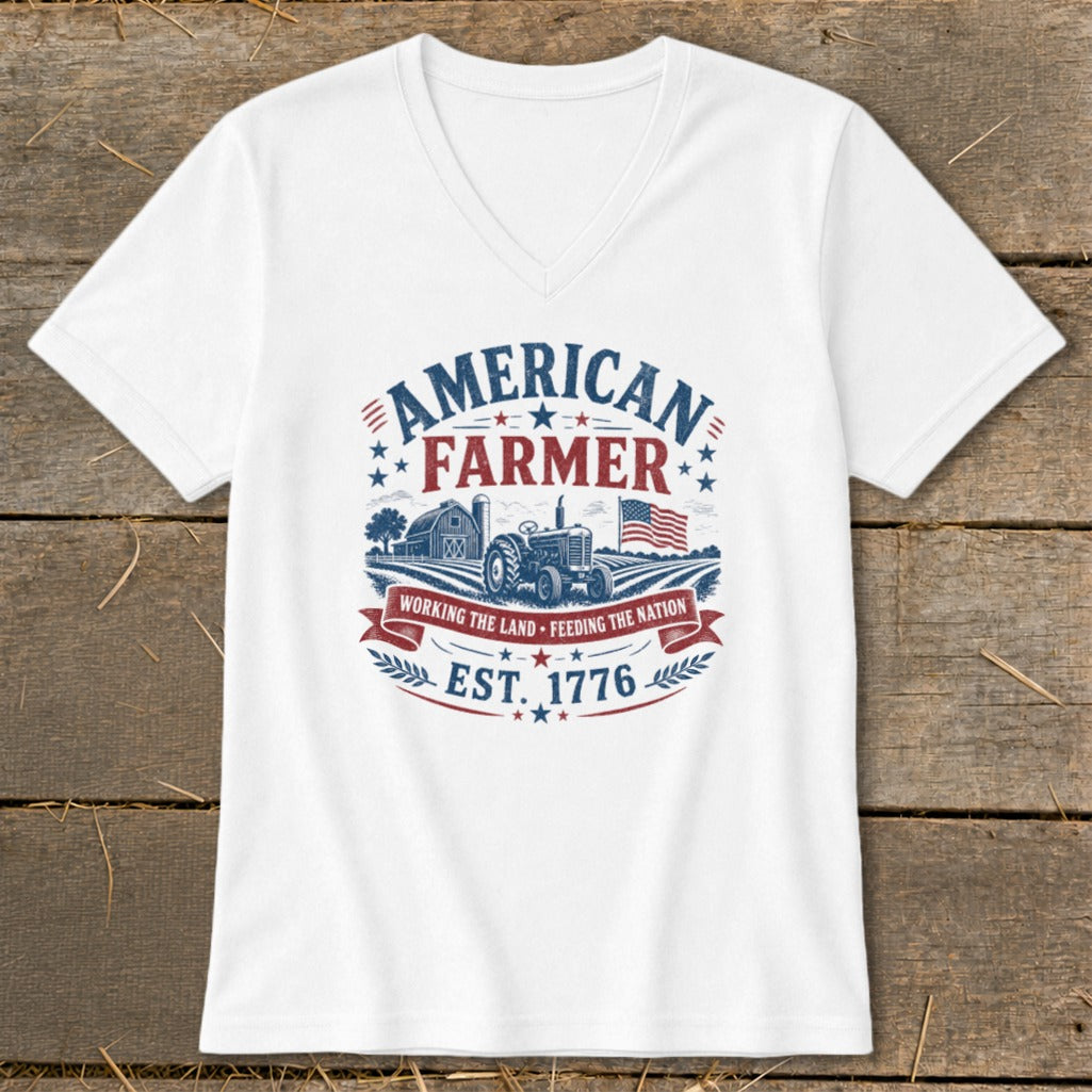 White t-shirt with "American Farmer" graphic, tractor, barn, and "Est. 1776".