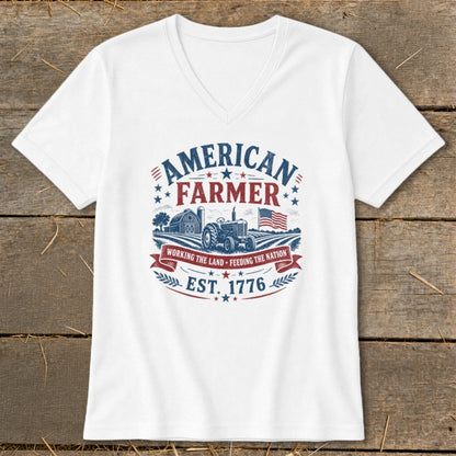 White t-shirt with "American Farmer" graphic, tractor, barn, and "Est. 1776".