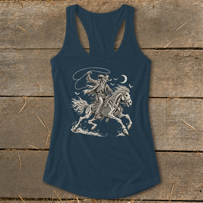 Skeleton cowboy riding a skeleton horse with a lasso under the moon.