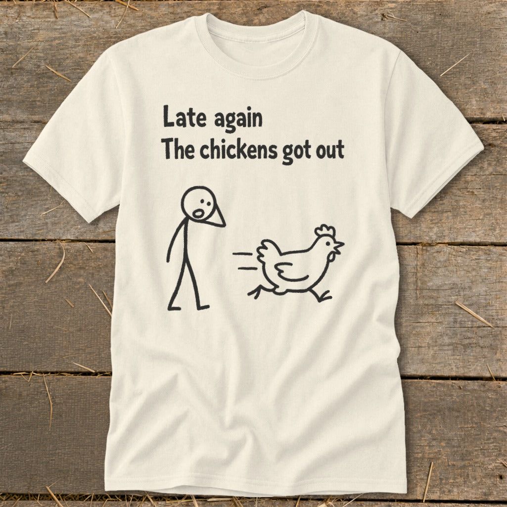 Cream t-shirt with black text and stick figure graphic of a person and a running chicken.