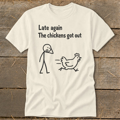 Cream t-shirt with black text and stick figure graphic of a person and a running chicken.