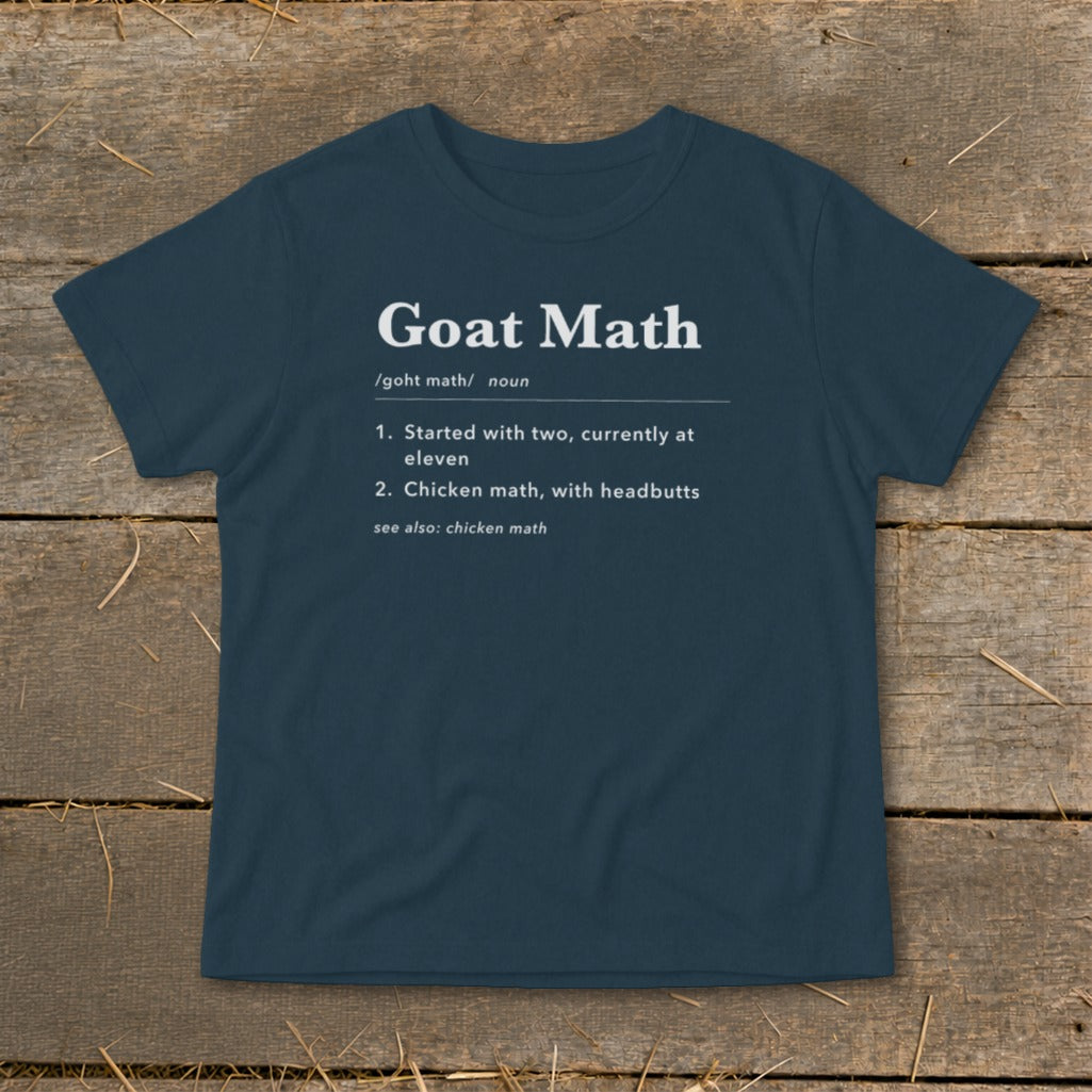 Navy t-shirt with "Goat Math" definition: "Started with two, currently at eleven."