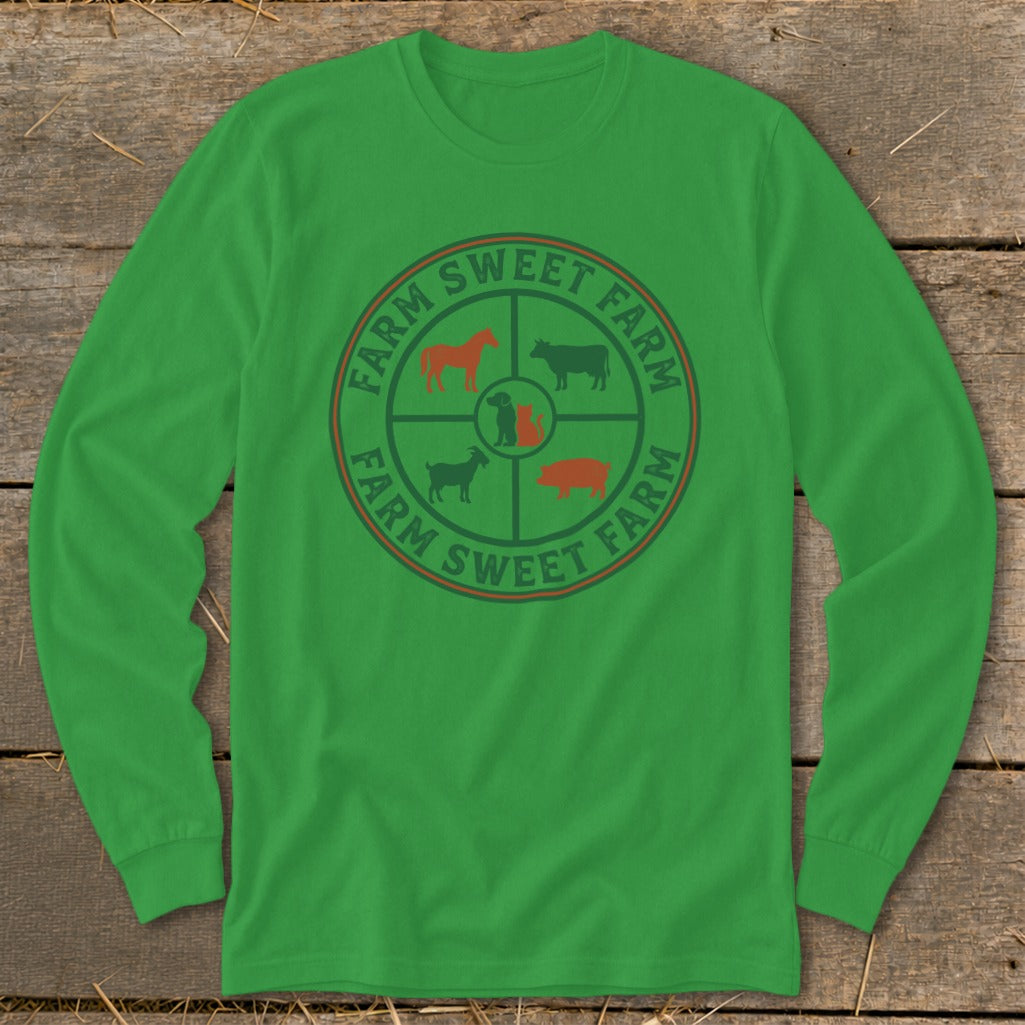 Green long-sleeve shirt with circular "Farm Sweet Farm" graphic of farm animals.