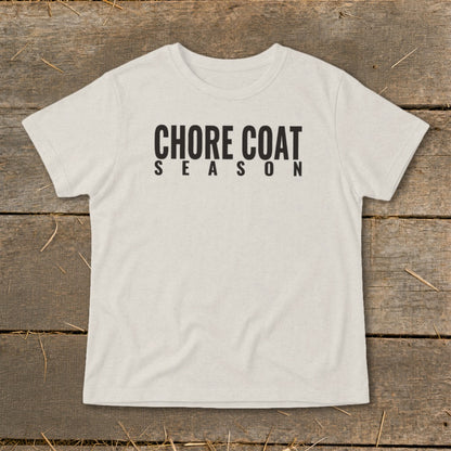 Cream t-shirt with black text reading "CHORE COAT SEASON"