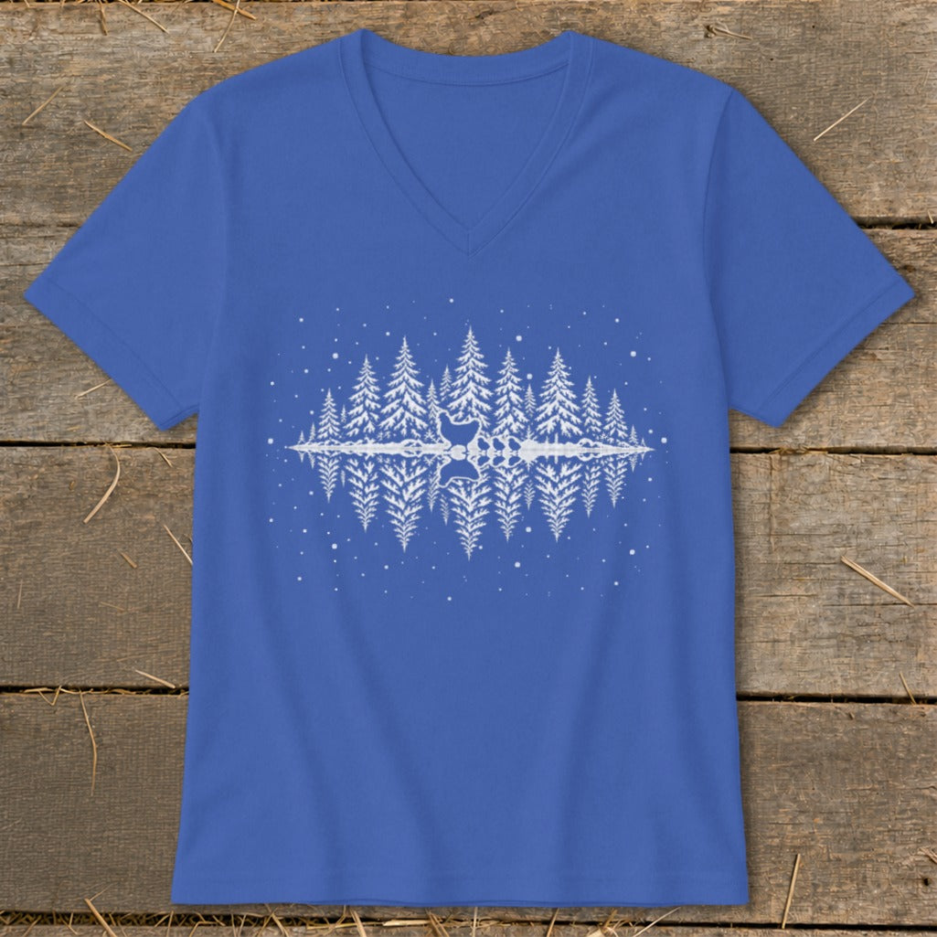 Blue v-neck t-shirt with a white reflected forest and deer graphic.