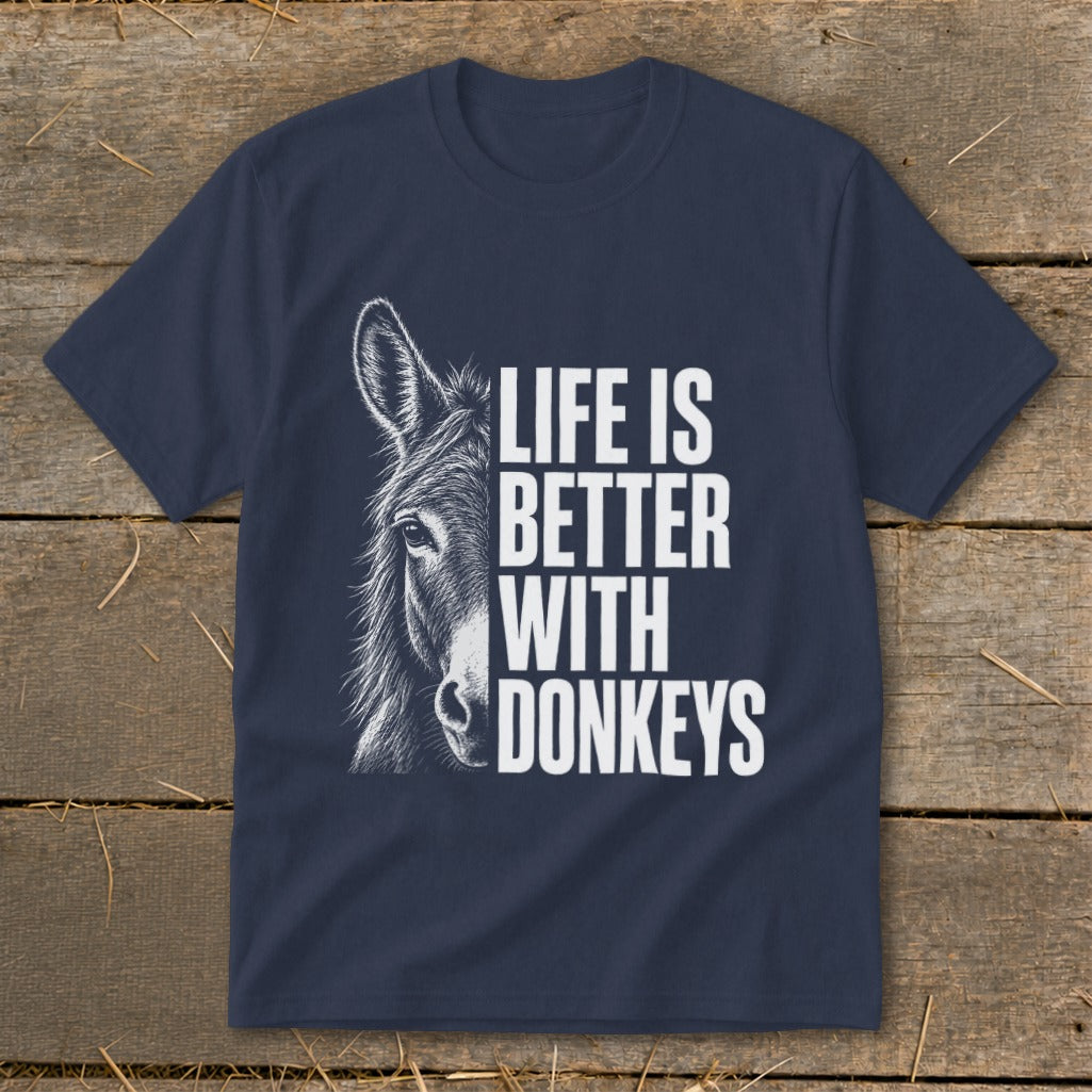 Navy t-shirt with donkey illustration and text "LIFE IS BETTER WITH DONKEYS."