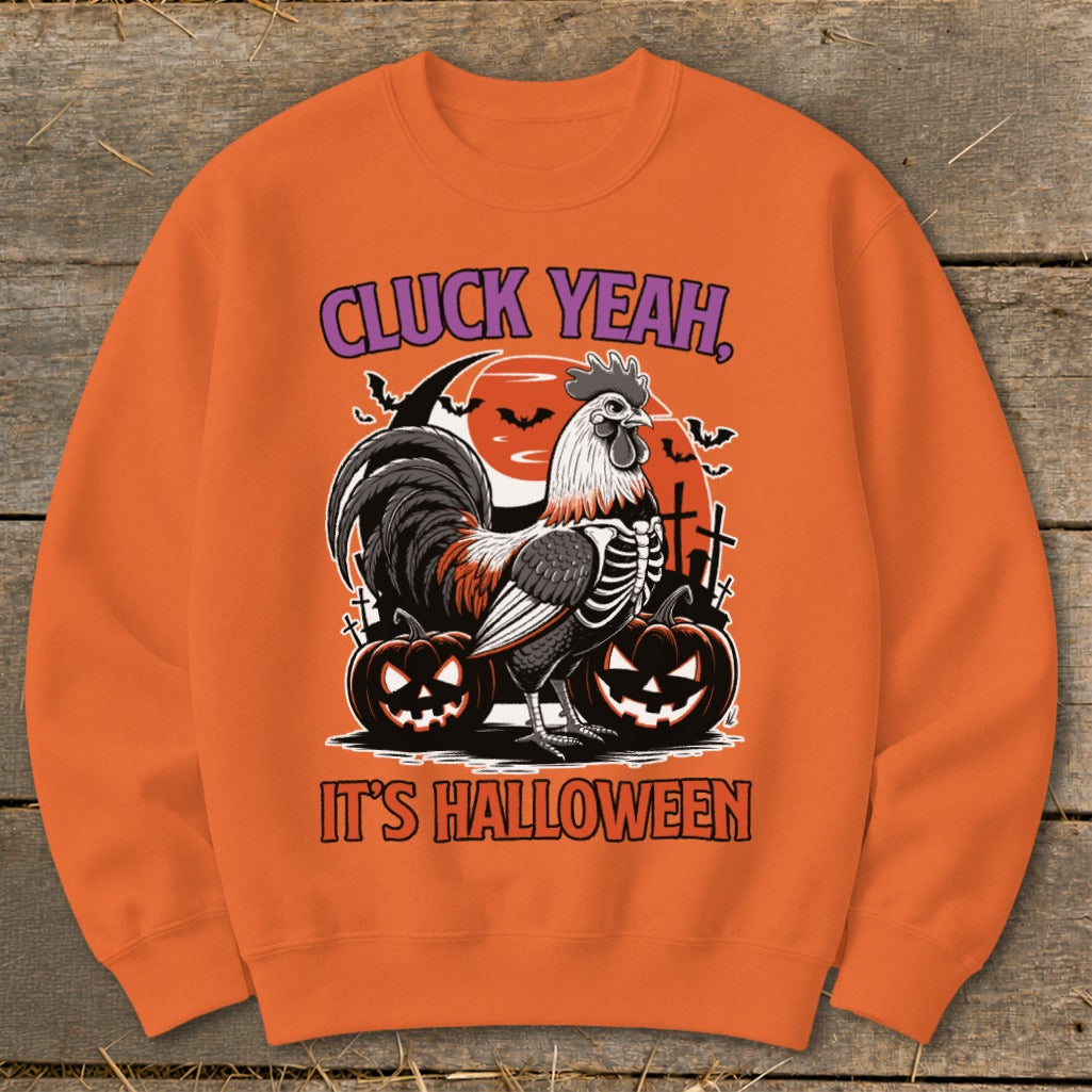 Skeleton rooster with pumpkins and bats, text "CLUCK YEAH, IT'S HALLOWEEN".