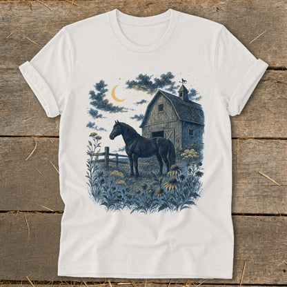 Horse standing near barn with moon and stars above.