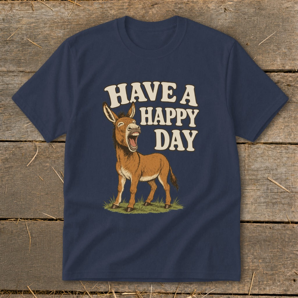 Navy t-shirt with a laughing donkey and text that says "HAVE A HAPPY DAY".
