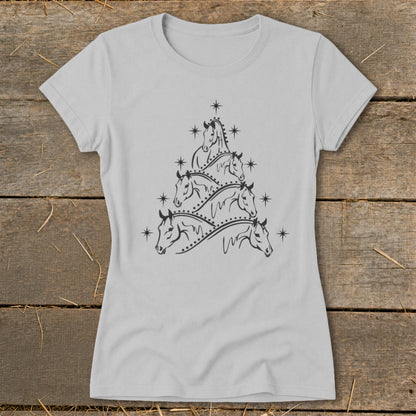 Grey t-shirt with black graphic of horses forming a Christmas tree shape.