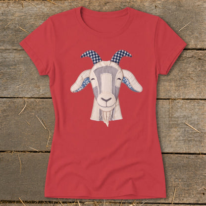 Red t-shirt with a stitched goat face applique on the front.
