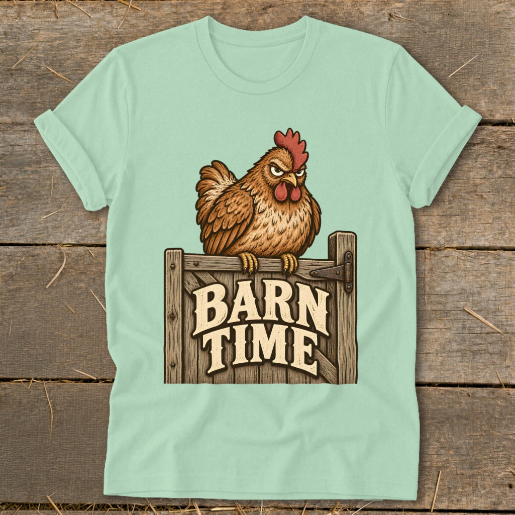 Brown chicken perched on a wooden gate with "Barn Time" text.