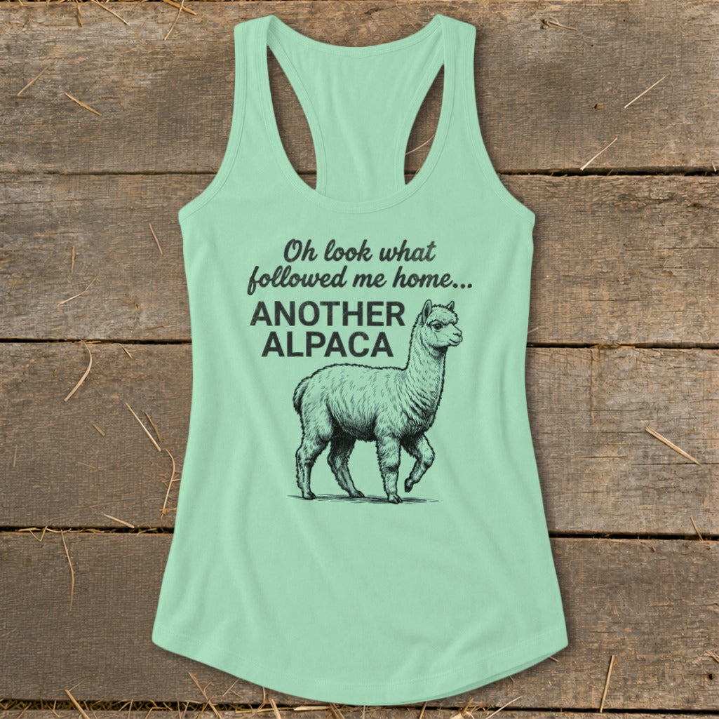 Mint green tank top with sketch of an alpaca and text "Oh look what followed me home... ANOTHER ALPACA".