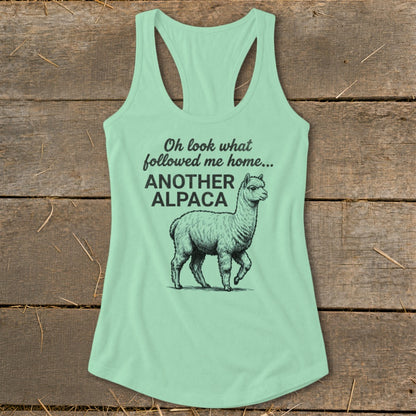 Mint green tank top with sketch of an alpaca and text "Oh look what followed me home... ANOTHER ALPACA".