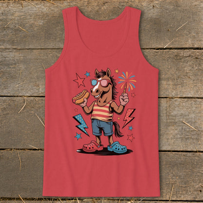 Cartoon horse in patriotic outfit holding hot dog and sparkler.